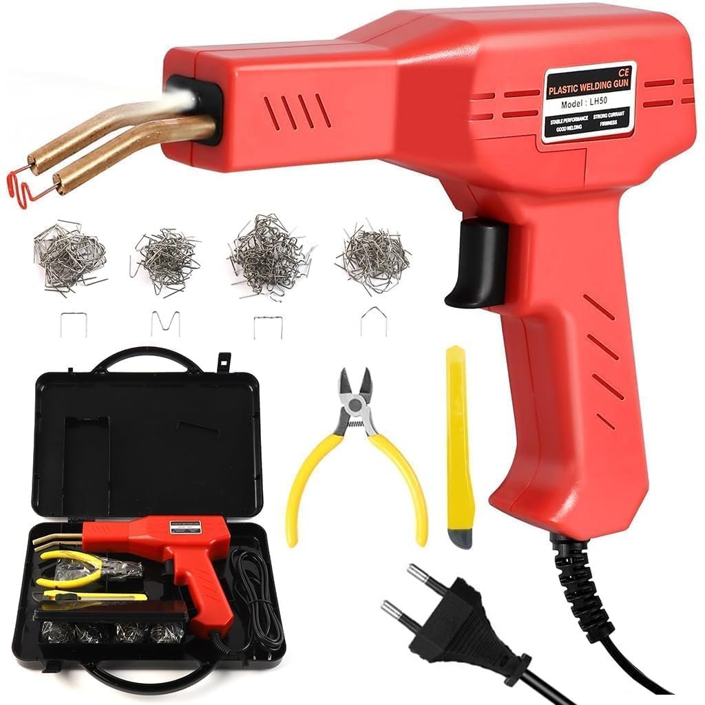 50 W Plastic Welding Repair Kit with Hot Stapler Gun, LED Work Light and 200 Stainless Steel Staples in 4 Types for Car Bumper, Dashboard and Plastic Crack Repair