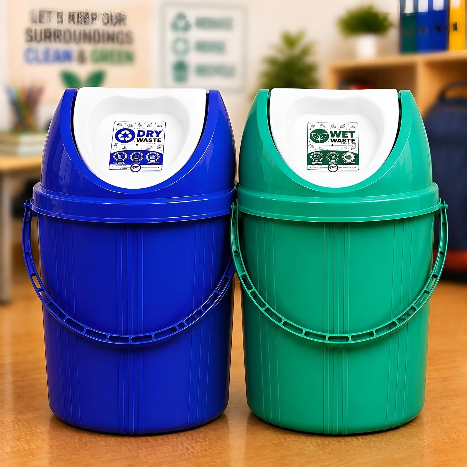 PulGos Pack of 2,10Ltr Plastic Swing Lid Dustbin for Wet and Dry Garbage