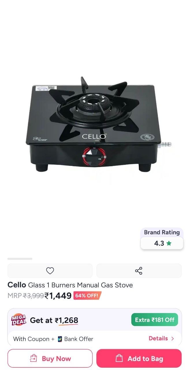 Buy Cello Glass 1 Burners Manual Gas Stove -  - Home for Unisex