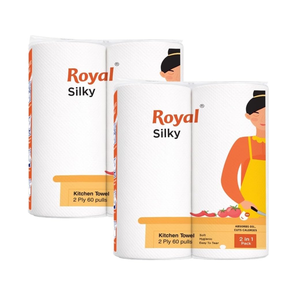 Royal Silky Kitchen Tissue Rolls - 240 Pulls | 60 Kitchen Towels X 4 Rolls| 2-Ply Soft & Strong Kitchen Paper Towel | Highly Absorbent Disposable Kitchen Tissue | 2 rolls x Pack of 2