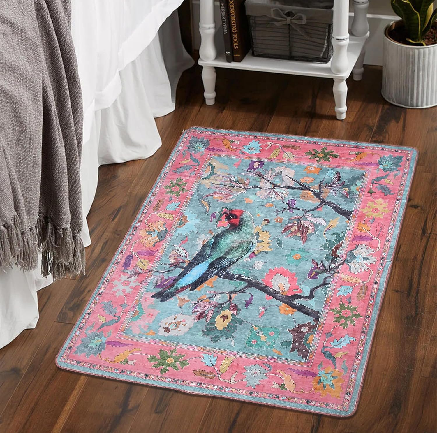 AAZEEM Washable Non-Slip Carpet for Living Room Bedroom Bohemian Low-Pile Printed Indoor Accent Stain Resistant Non-shed Carpet for Home Office Décor |Green Parrot Color|2 X 3 feet