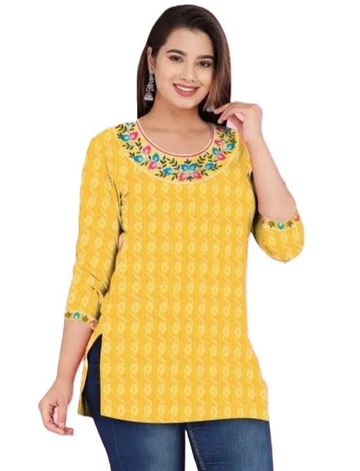 HMS Women Ethnic Short Kurti with Modern Minimal Stylish Look Perfect for Everyday Fashion Appeal Yellow 2XS