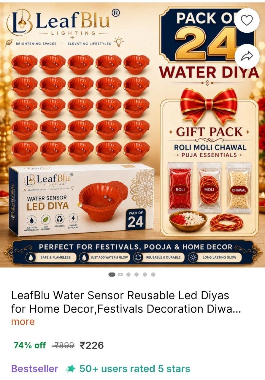 leafblu water sensor reusable led diyas home decor festivals decoration diwali light plastic pack 24