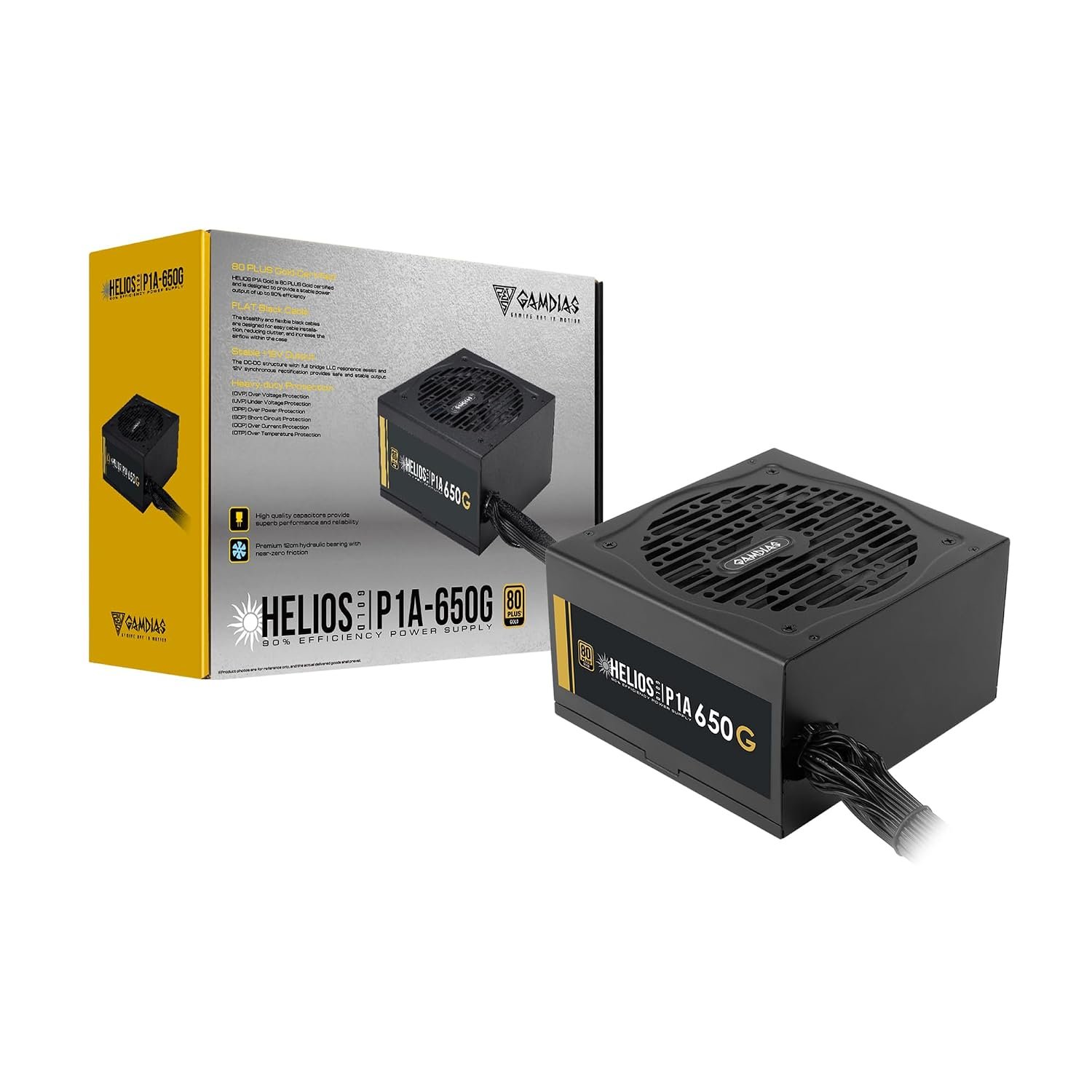 GAMDIAS Helios P1A 650G | Non Modular Power Supply Unit | 650W 80 Plus Gold | Support C6/C7 Power State, 120mm Hydraulic Bearing Fan, Full-Bridge LLC, Flat Black Cables
