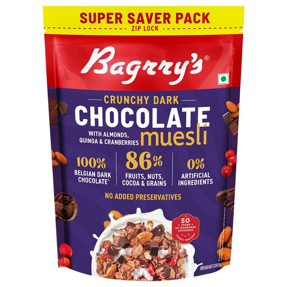 Bagrry's Crunchy Dark Chocolate Muesli 700g / 750g | 100% Belgian Dark Chocolate Muesli | 86% Fruits, Nuts, Cocoa & Grains | No Artificial Ingredients | High Fibre Breakfast Cereal