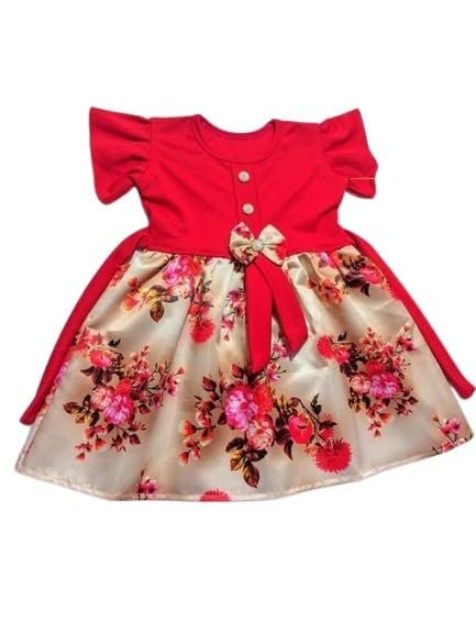Kid Girl's Pink Floral Printed Knee Length Short Sleeves Satin Frock Dress| Comfortable, Breathable, Lightweight, Skin Friendly|SL_29