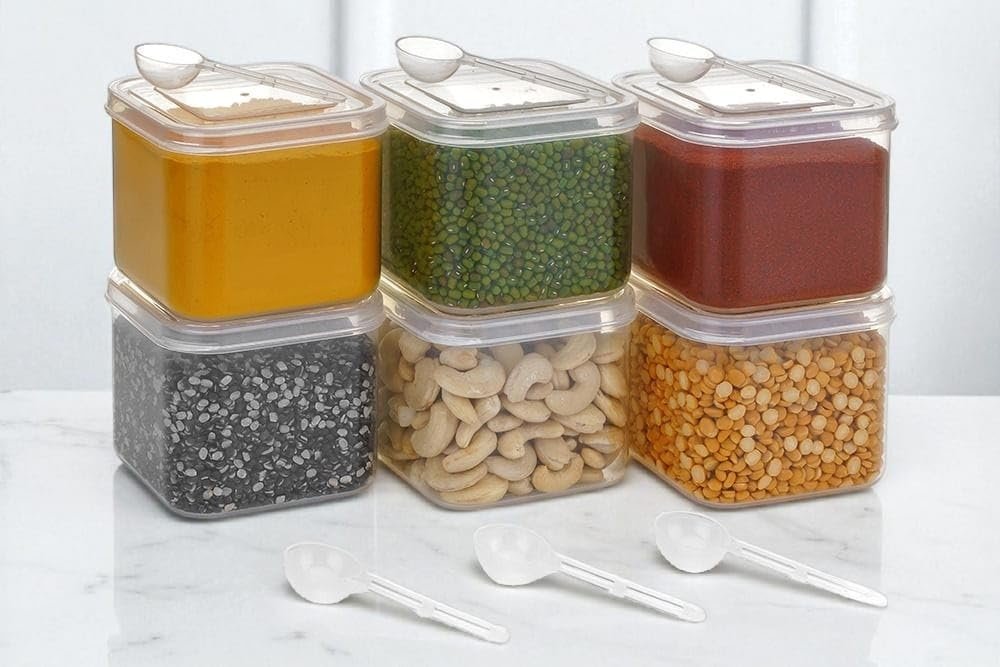 Arto 6-Piece Airtight Food Storage Containers Set (500ml) with Spoons - BPA Free, Clear Square Plastic Jars for Kitchen & Pantry Organizer | Masala, Spices, Dry Fruits, Cereals | Leak-Proof, Stack