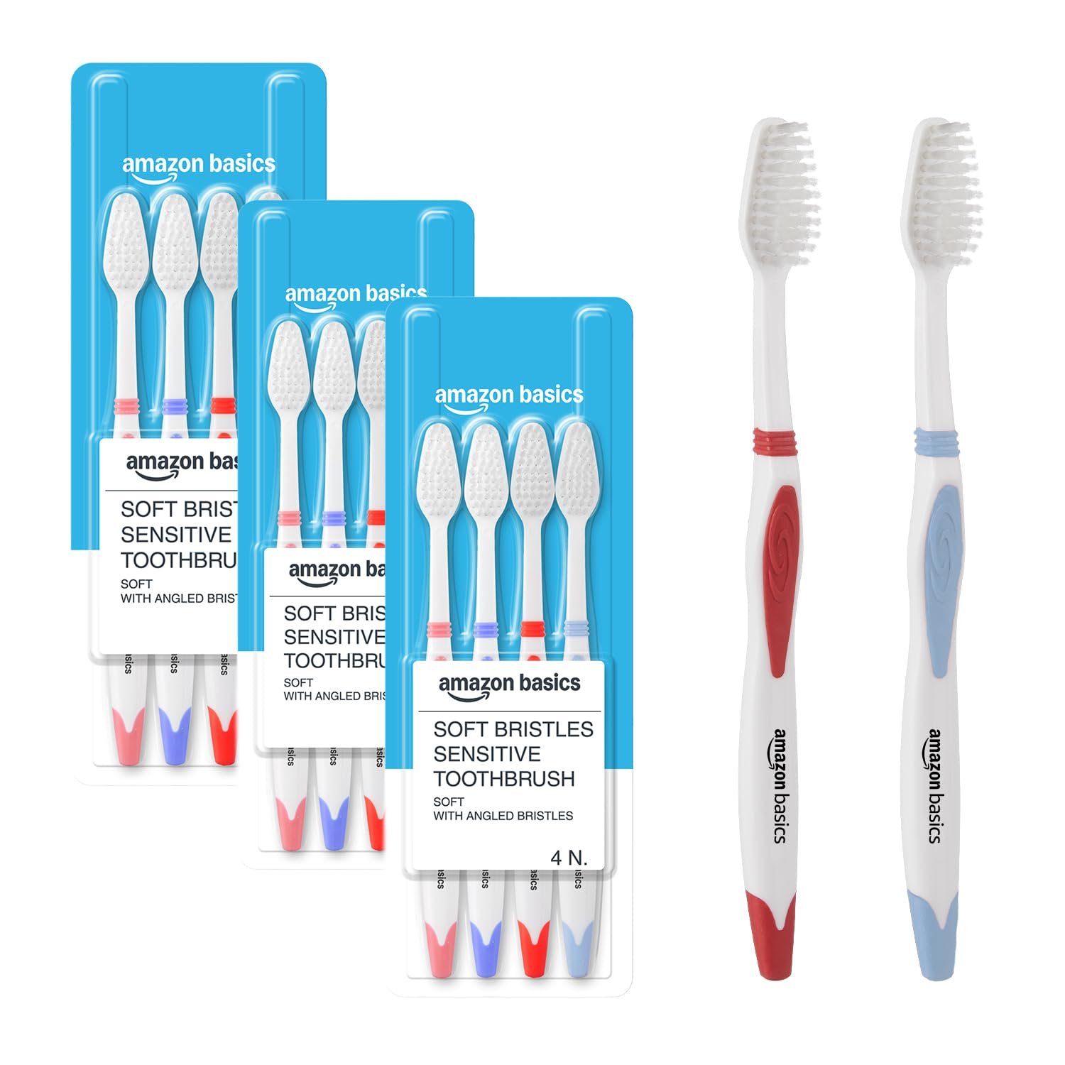 Amazon Basics SoftBristle Sensitive Toothbrush for Adults, Multicolour | 12-Count (4 × 3 Packs) | Ultra-Soft Bristles for Gentle Cleaning & Sensitive Teeth
