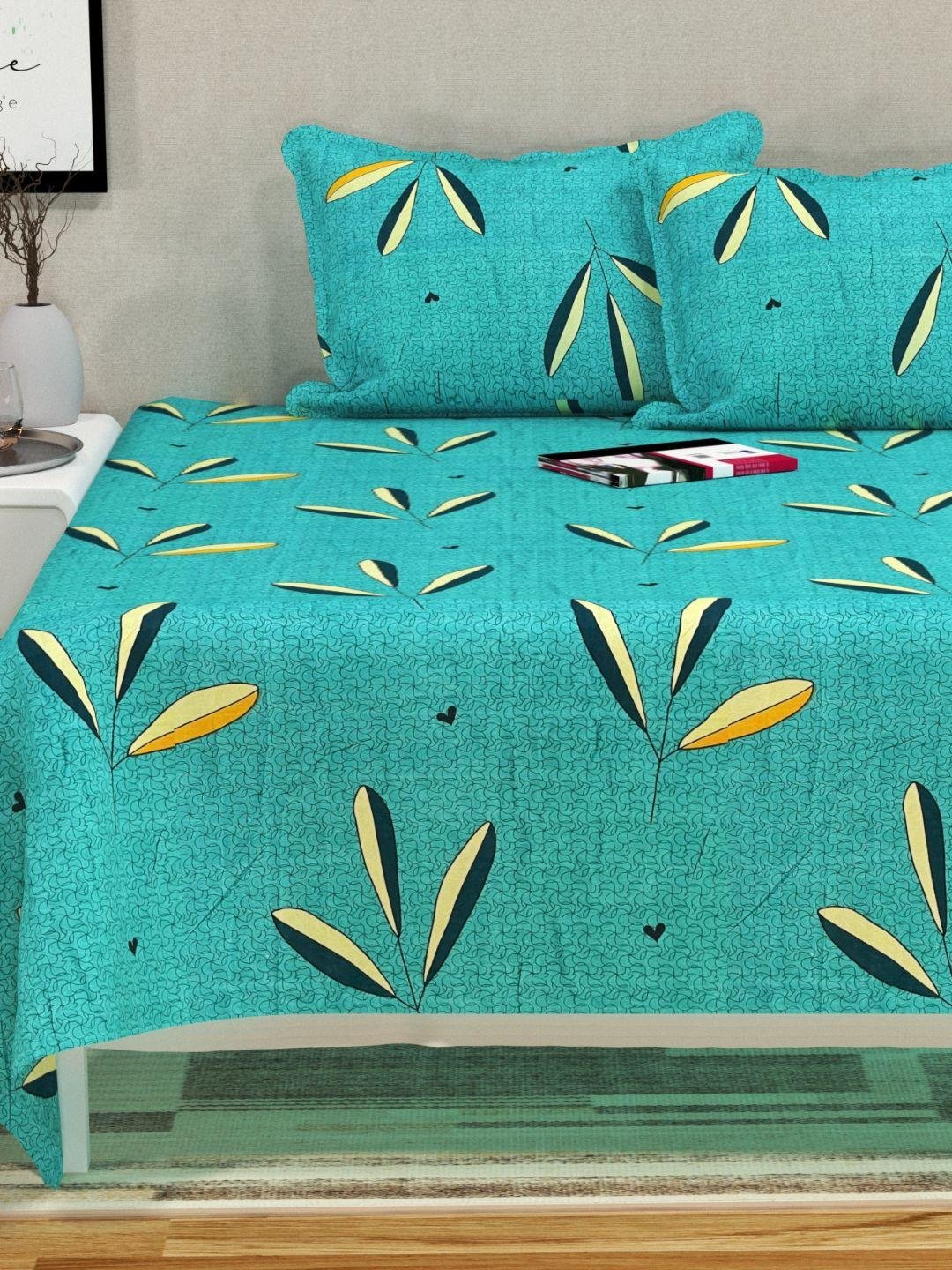 Buy Bsb Home Green & Orange Floral 144 TC Queen Bedsheet With 2 Pillow Covers -  - Home for Unisex