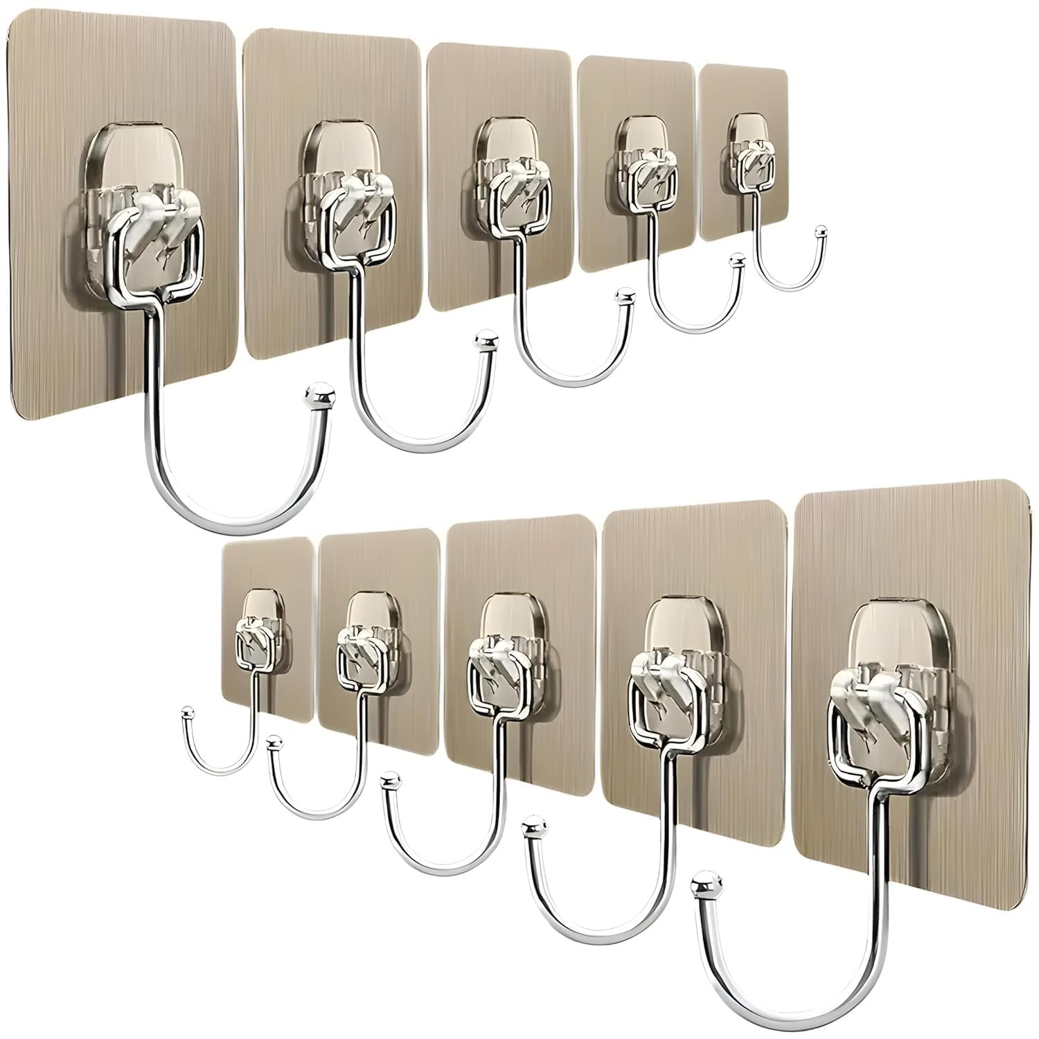 Heavy Duty Self Adhesive Wall Hooks | Waterproof PVC Sticky Hooks Stainless Steel Big Hooks for Home Storage Bathroom Kitchen | Silver Multipurpose 10KG Capacity (Golden Hook 10-pcs)