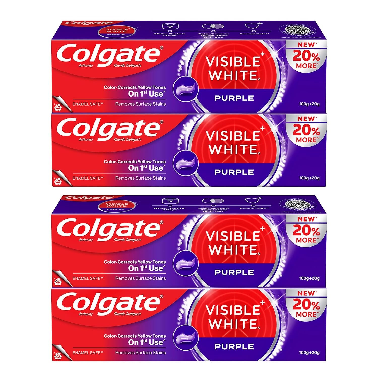 Colgate Visible White Purple Toothpaste Color-Corrects Yellow Tones on 1st Use Removes Surface Stains Enamel Safe (480g) (Pack of 2 x 240g)