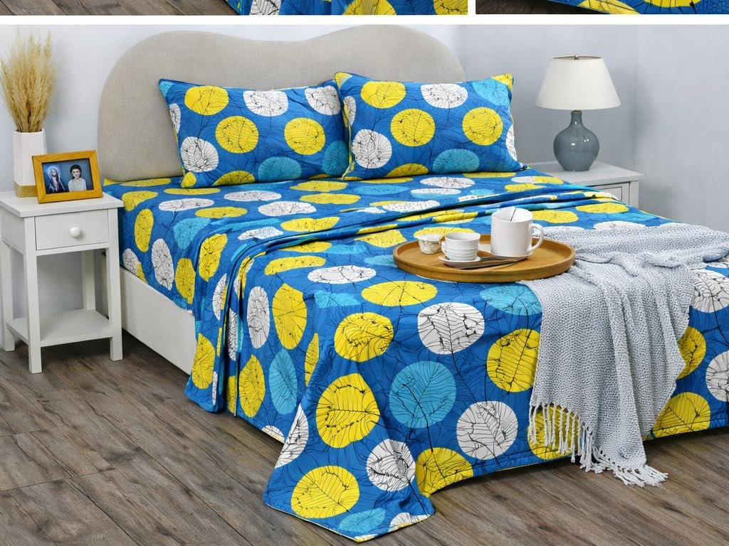 BSB HOME Double Bedsheet 144 TC Microfiber with 2 Pillow Covers | Smooth, Lightweight & Quick-Dry Bed Sheet Set | Comfortable Bedding for Home, Guest Room & Daily Use - Aqua Pop Leaf