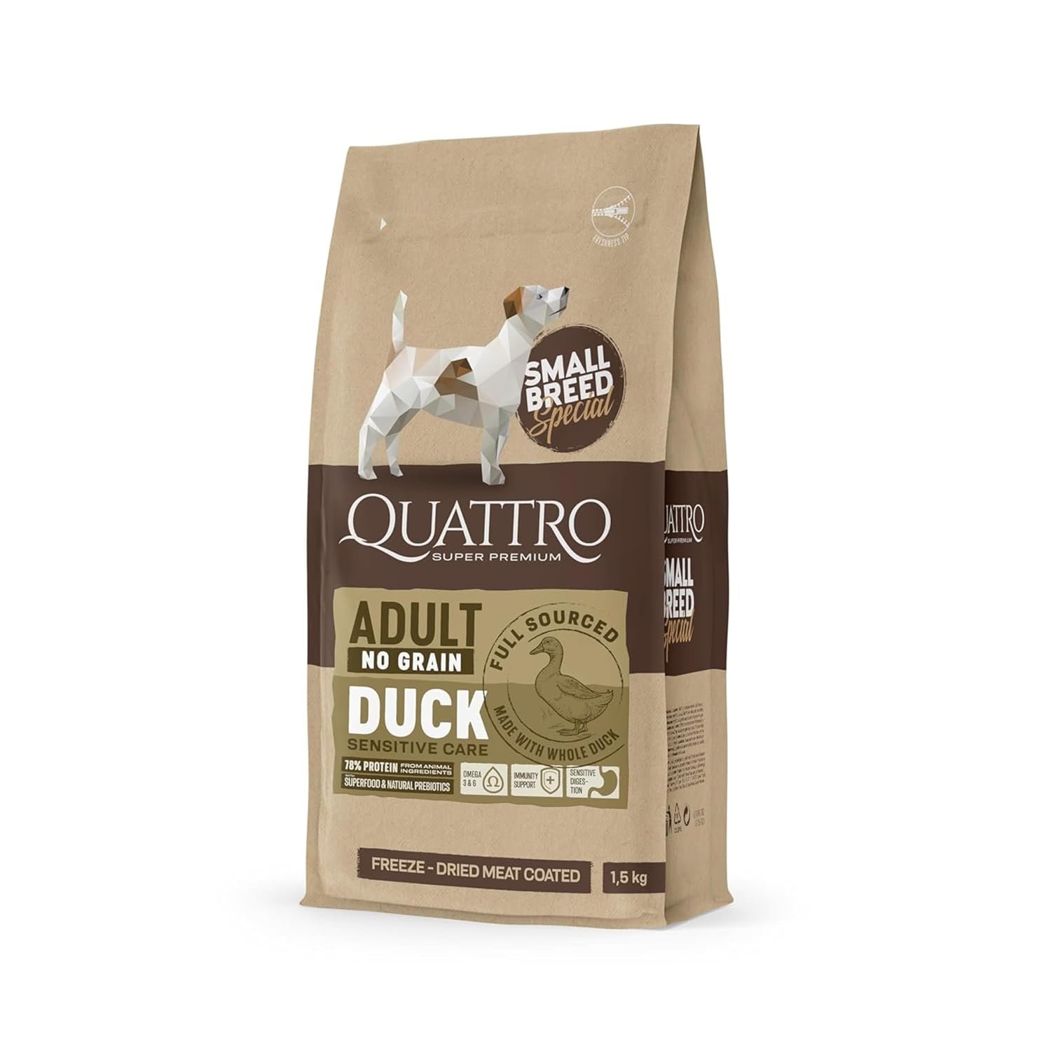 Quattro Dog Food for Small Breed Adult Dogs| 1.5KG | Duck Formula | Super Premium Dry Dog Food | High Protein | Complete & Balanced Nutrition | Healthy Digestion | Skin & Coat Health