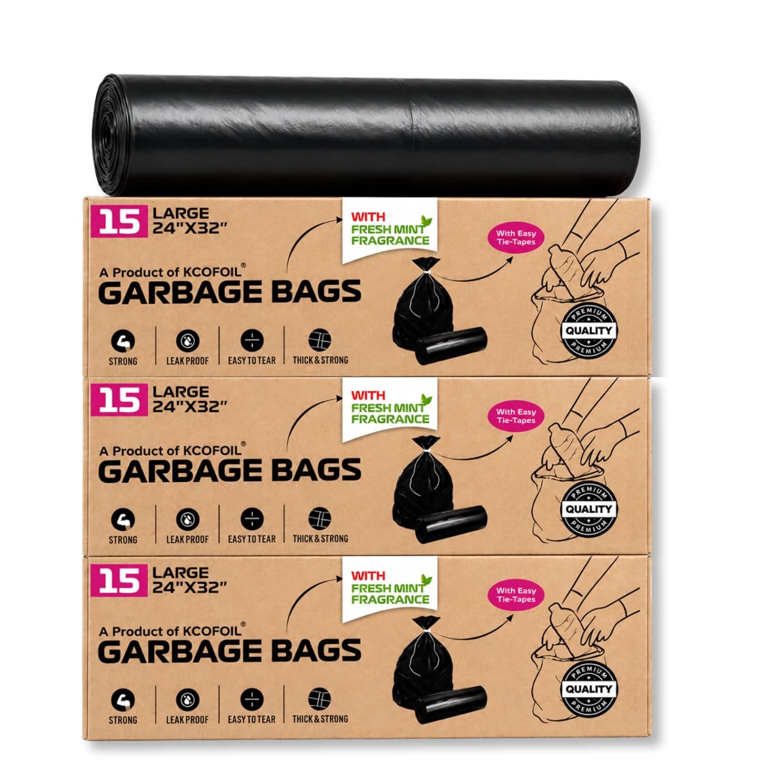 Scented Garbage Bags Large 24 x 32 Inches 45 Bags (15 Bags x 3 Roll) Plant-Based Biodegradable Heavy Duty Dustbin Bags Trash Bags with Detachable Drawstrings for Dry & Wet Waste
