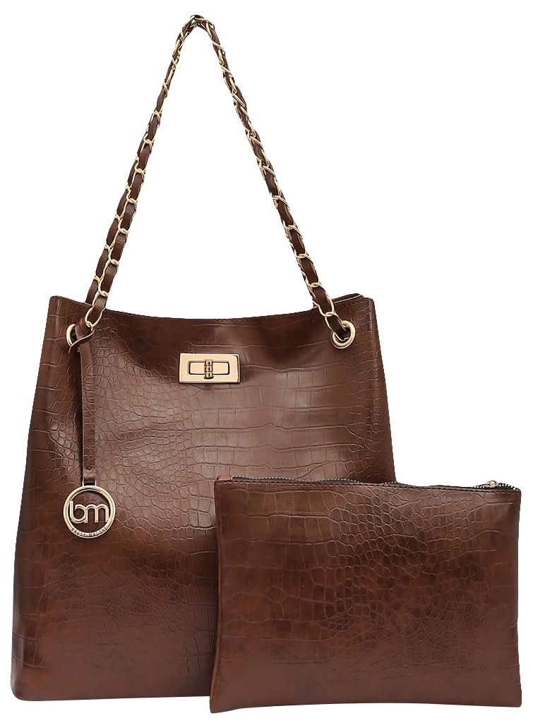 Bagsy Malone Bucket Shaped Tote Bag -Set of 2 | Handcrafted Side Tote Bag for Office and College (Croco Brown)