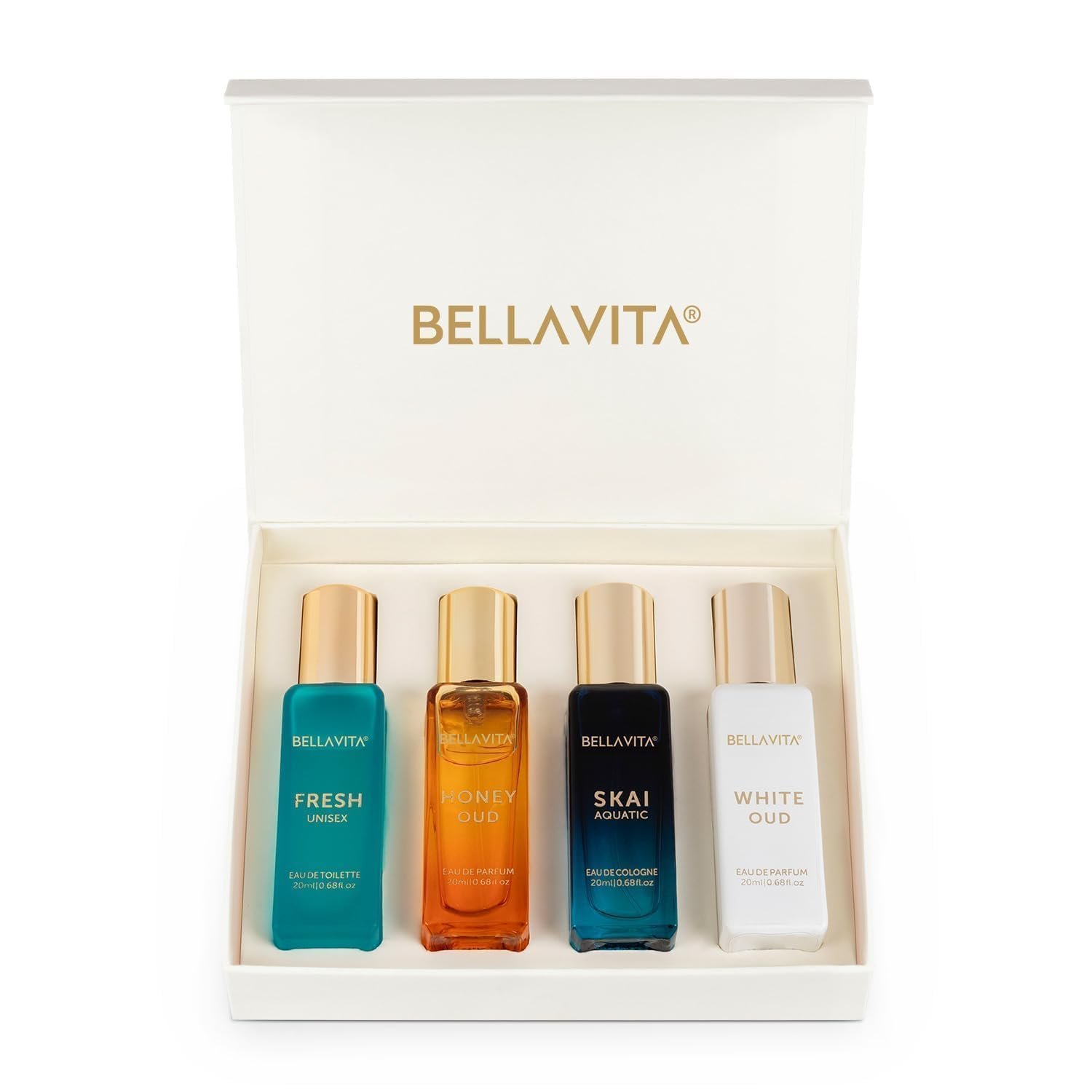 Bella Vita Luxury Unisex | Long Lasting Eau De Parfum Gift Set 4 x 20ml Perfume for Unisex | with SKAI, FRESH, WHITEOUD, HONEY OUD | Premium Fragrance Scent
