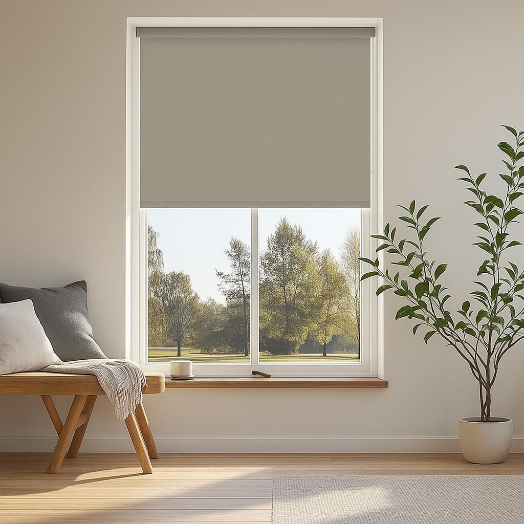 Amazon Basics 100% Blackout Roller Blinds for Windows (2 feet x7 feet WXH, Fossil) | Polyester | Manual Roll-Up | UV & Glare Protection | Thermal, Waterproof | for Home & Office