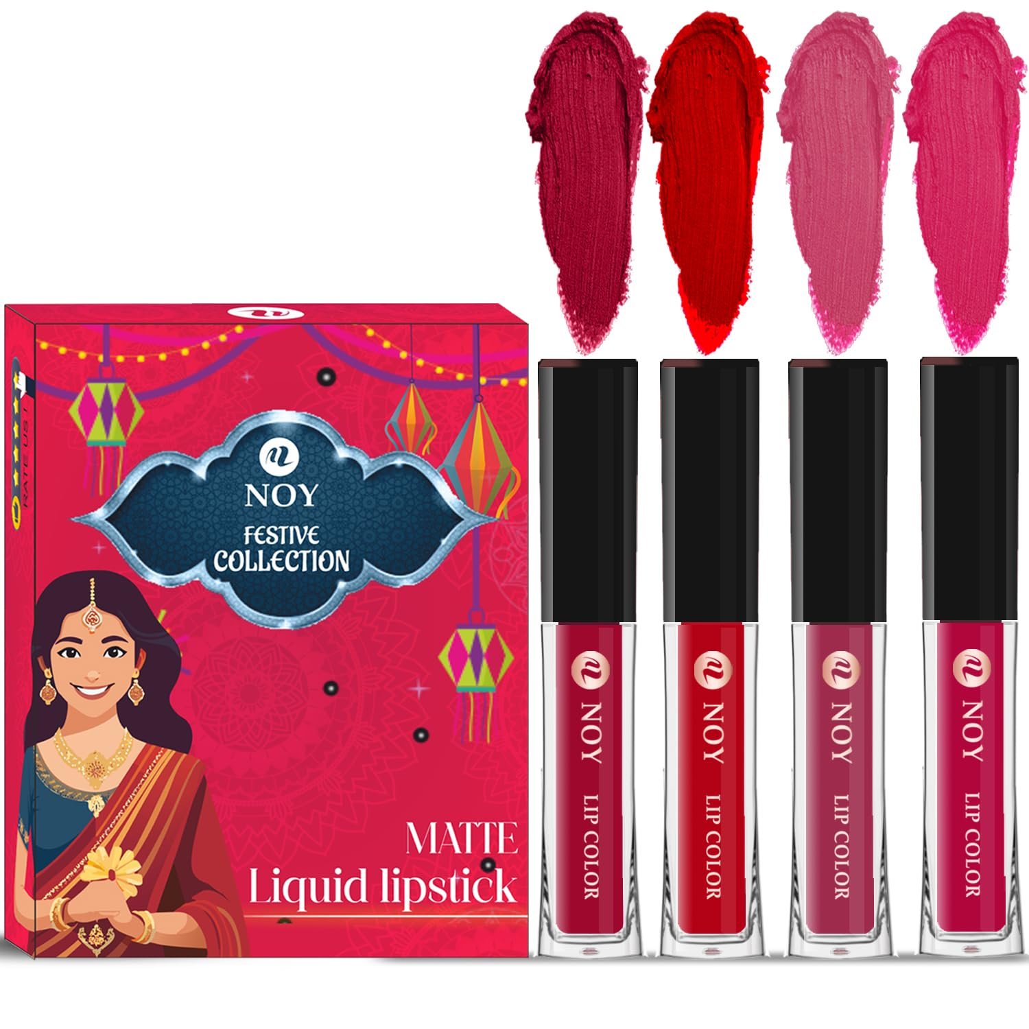 Noy Festival Collection 4 Liquid Matte Lipstick Essentials Cherry Pink, Red, Pruple, Magenta Shades