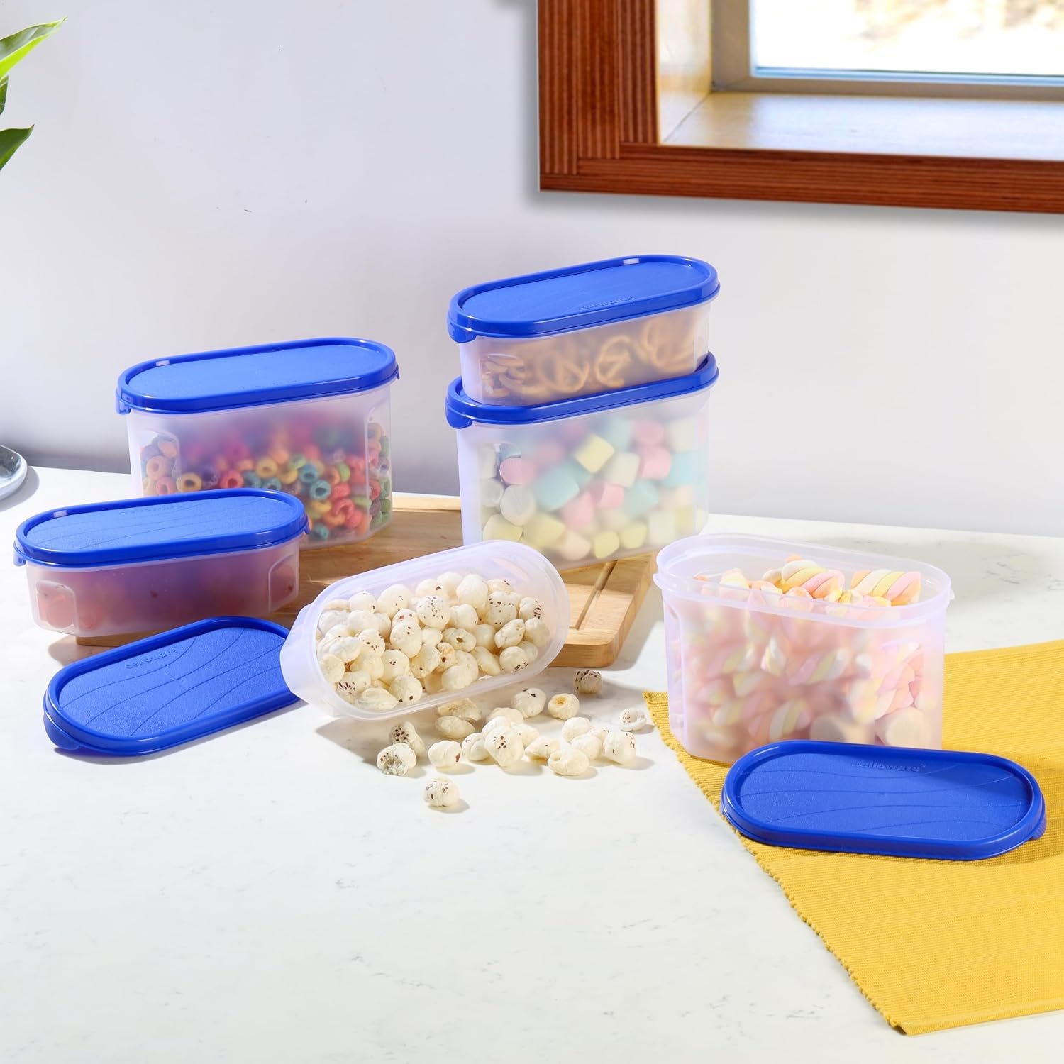 CELLO Modustore Pet Storage Container For Kitchen Set of 6 Pcs, Blue (1200ml x 3, 600ml x 3) | Freezer & Fridge Safe, See Through Airtight Pet Kitchen Storage Container For Beans, Whole Grains, Sp