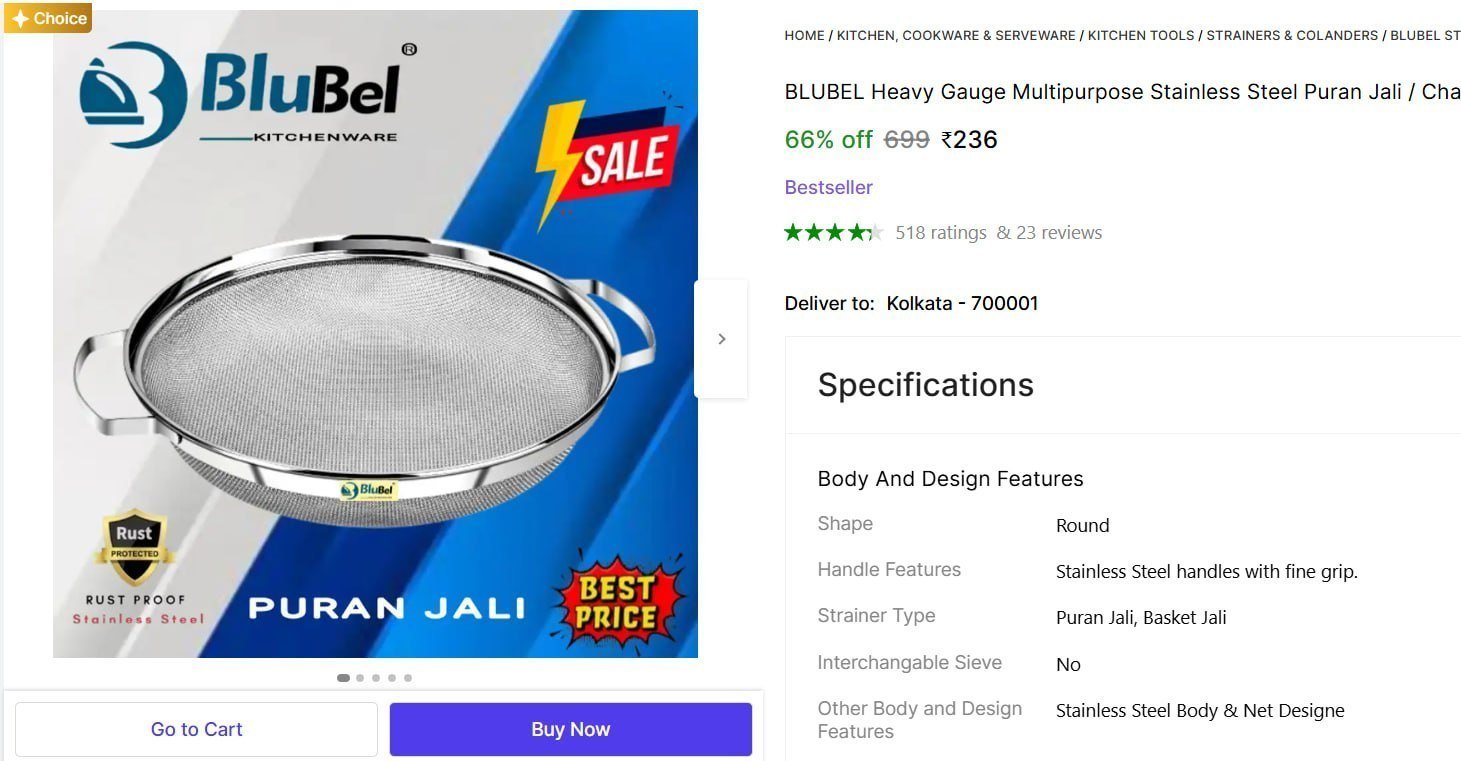 blubel heavy gauge multipurpose stainless steel puran jali chalani strainer fruits basket vegitable 