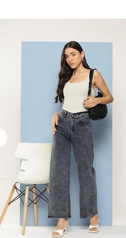 Women Girls High Waist Straight Fit Cotton Jeans Single Button Comfortable Daily Outfit