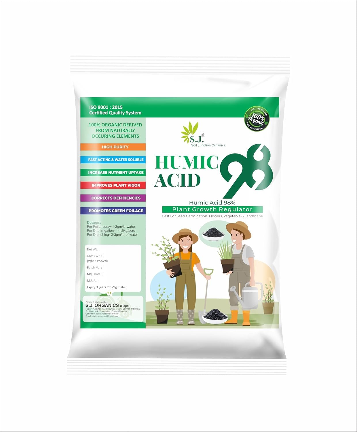 SJ Organics 98% Humic Acid for Plants (500Gms)| Plant Fertilizer for Potted Plants | Growth Enhancer, Soil Conditioner, Improves Plant Root System|
