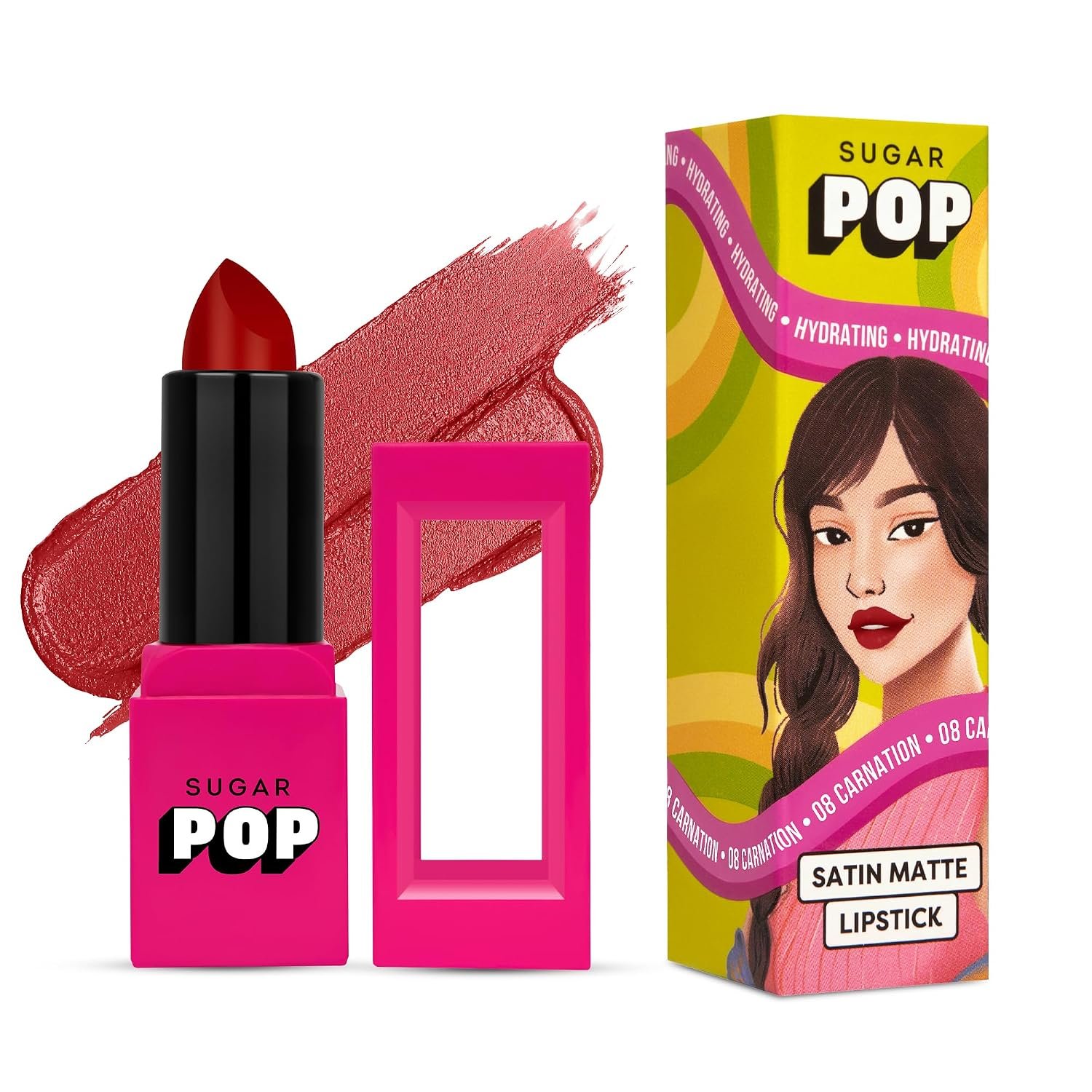 SUGAR POP Satin Matte Lipstick - 08 Carnation (Red with hints of blue) - 3 gm - Infused with Vitamin E, Shea Butter & Jojoba Oil l Ultra Pigmented, Hydrating
