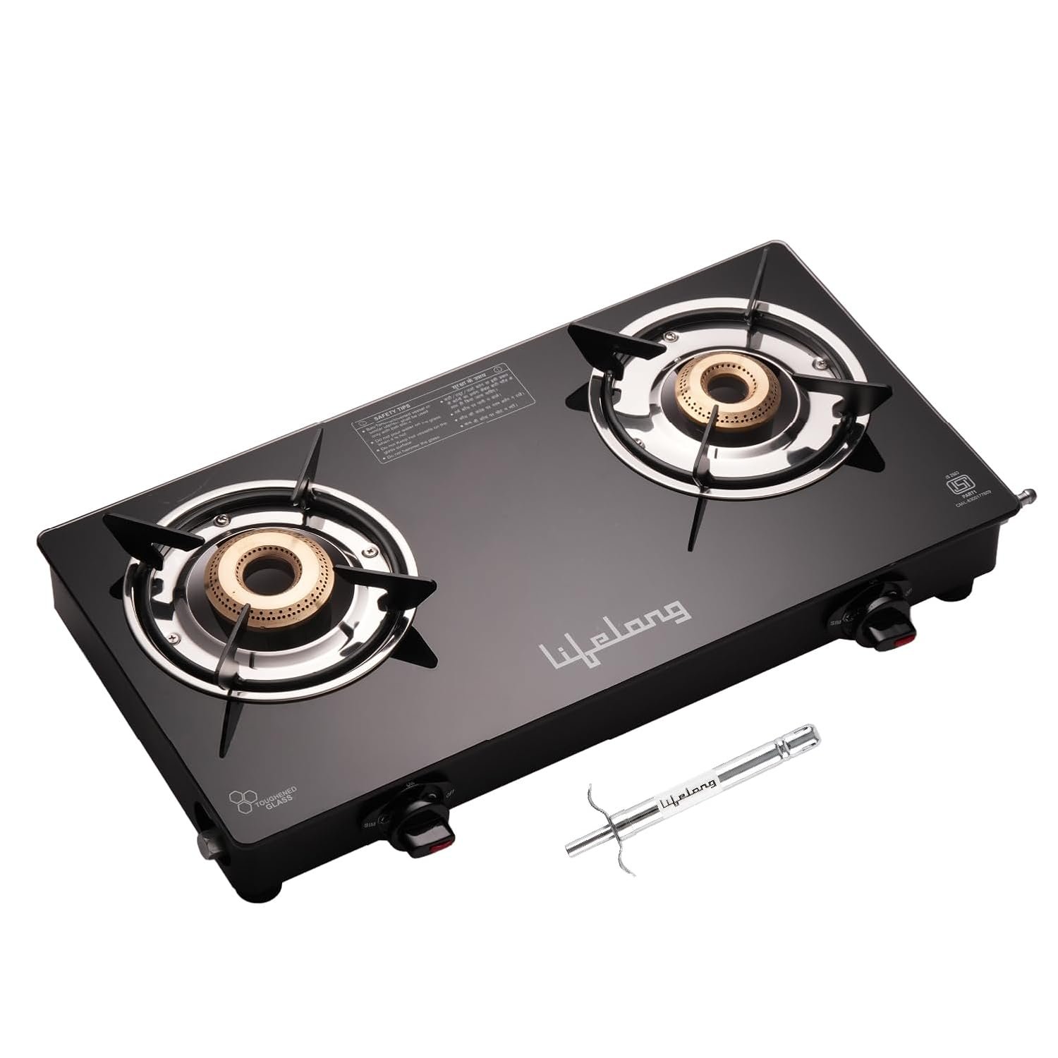 Lifelong 2 Burner Gas Stove with Gas Lighter | Modern Glass Stove with 6mm Toughened Glass | High-Efficient Manual Ignition Cooktop | ISI Certified & LPG Compatible | 360° Flexible Gas Inlet (Blac
