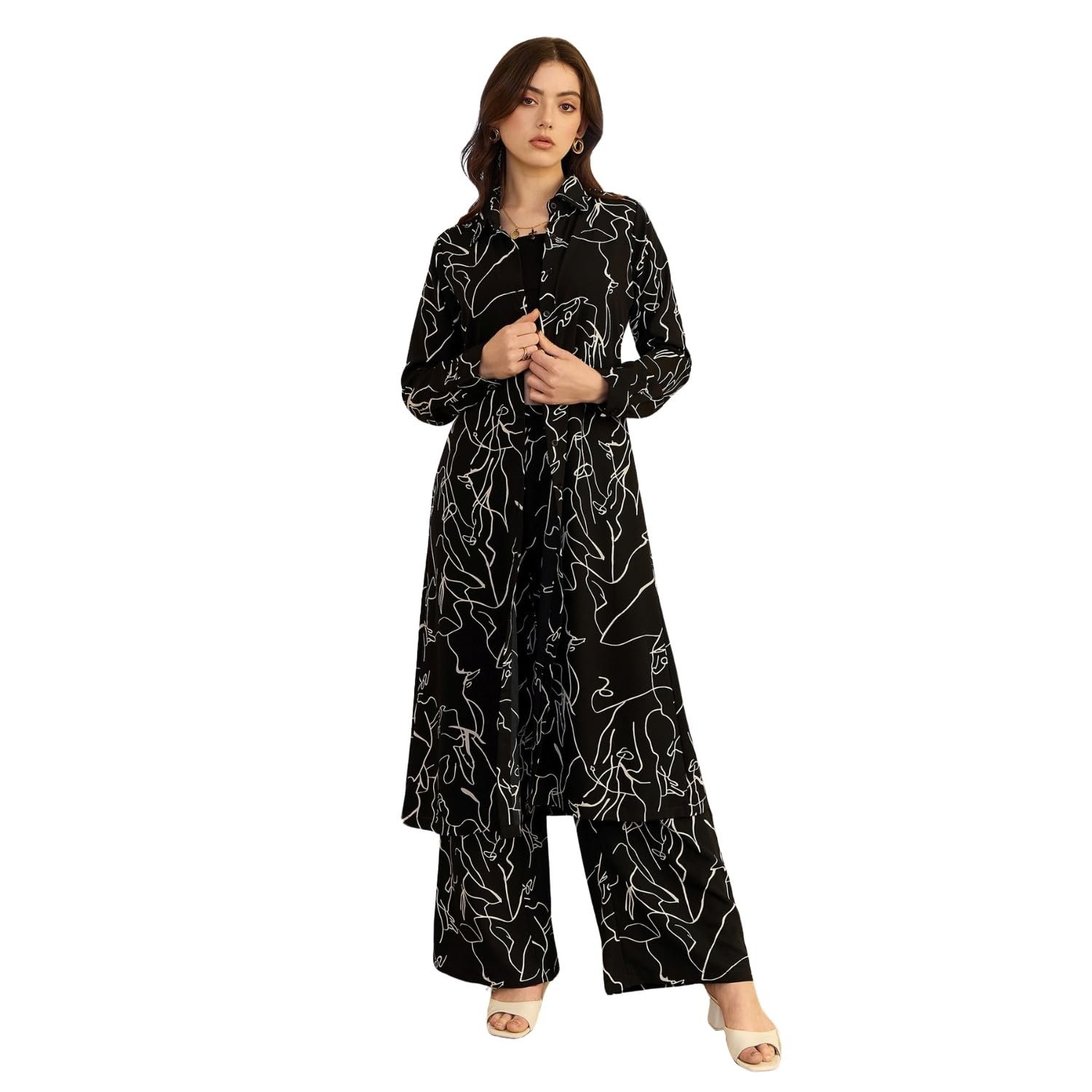 Berrylush Women Spread Collar Neck Longline Top & Elastic Waist Trousers Co-Ord Set