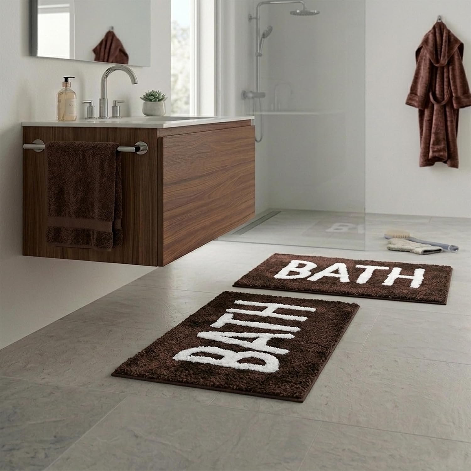 Microfiber Rectangle Anti-Skid Bath Mats | Soft & Super Washable Bathroom Mat | Bathmat for Home/Office/Kitchen/Bathroom/Living Room/Enterance 38x58 Cm Set of 2 (Coffee)