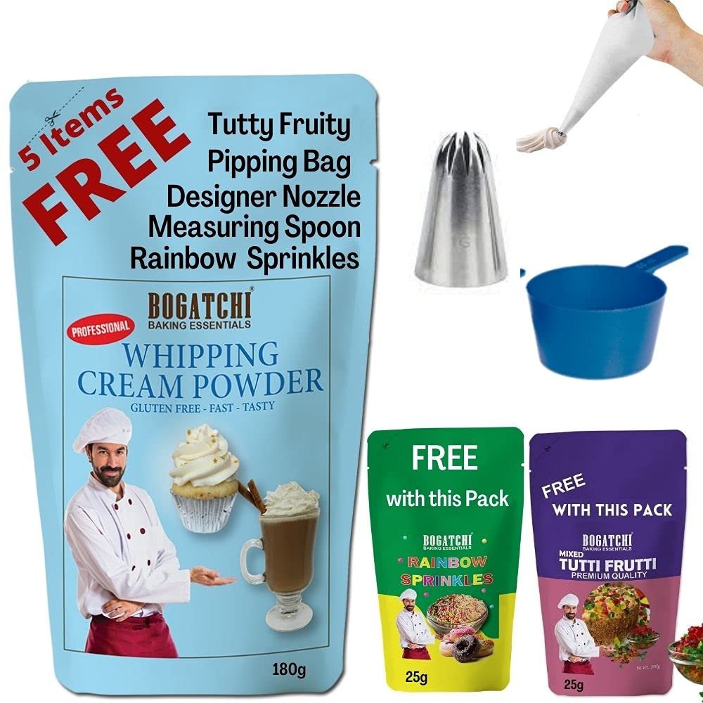 BOGATCHI Whipping Cream Powder, Gluten Free | Tasty | Non-GMO, 180g , Free Tutty Fruity and Rainbow Sprinkles, Measuring Spoon�