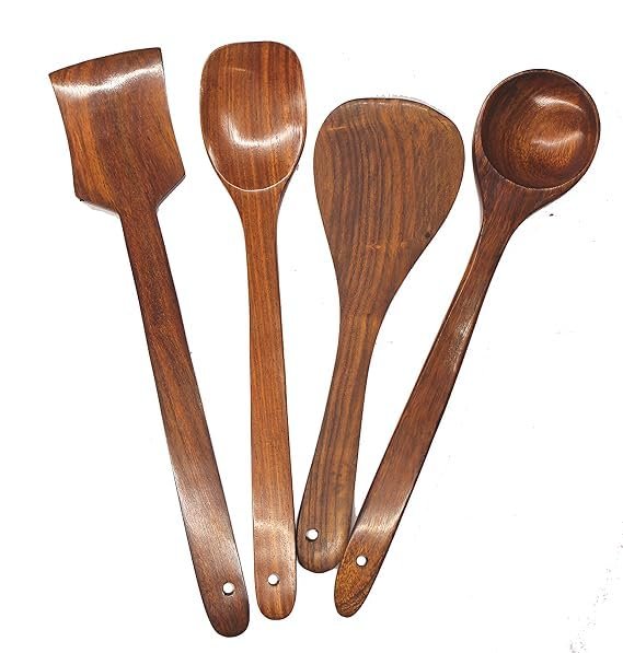 Wooden Kitchen Utensil Set, Brown Walnut Wood, 4-Piece Cooking Spoons and Spatula Collection, Traditional Style