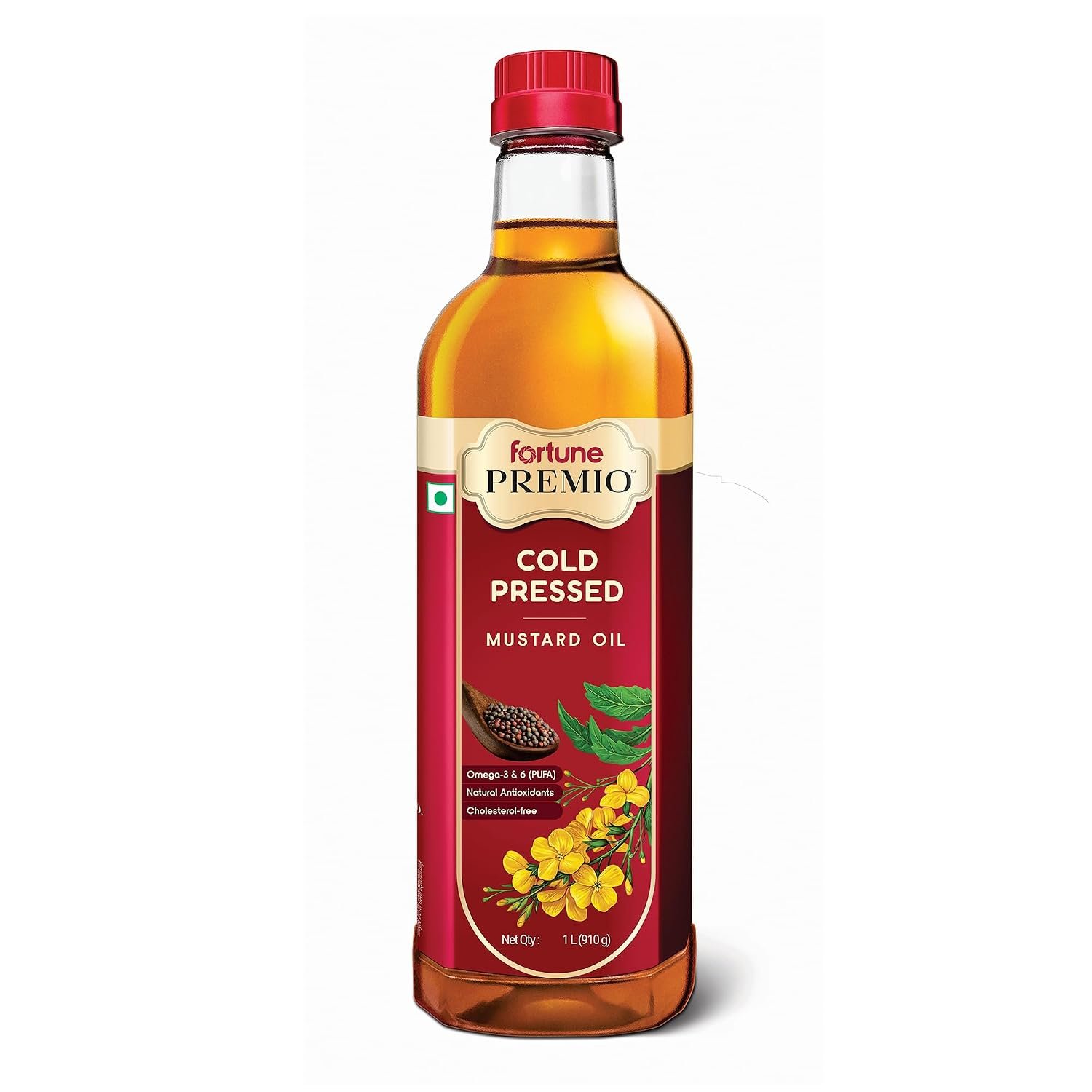 Fortune Premio Cold Pressed Mustard Oil 1L Bottle | Rajasthan Mustard Seeds | Rich in Omega 3 & 6 (PUFA) | Natural Antioxidants | Strong Aroma | Ideal for Frying & Pickles