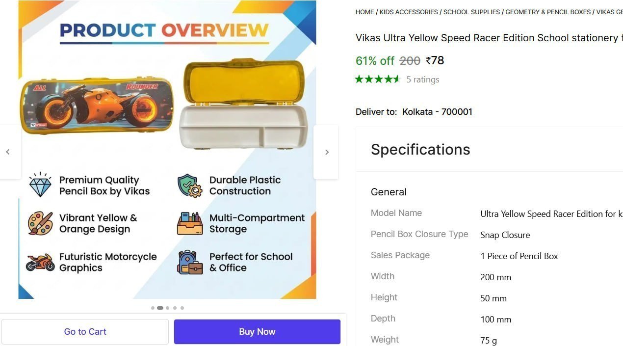 vikas ultra yellow speed racer school stationery students art plastic pencil box