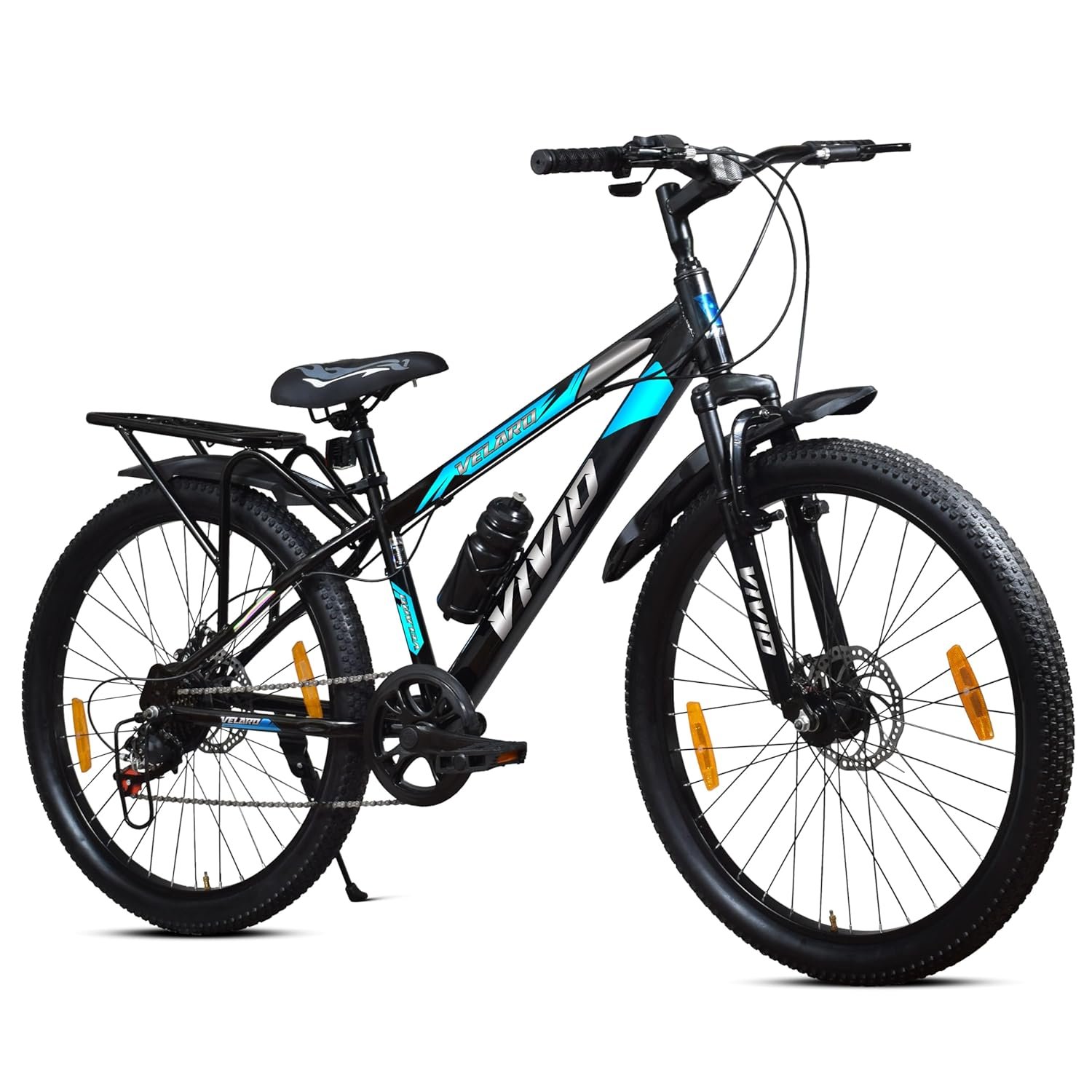 Leader Vivid Valero 26T IBC 7 Speed Cycle for Men with Front Suspension & Dual Disc Brakes | Gear Bicycle for Men | Mountain Bike with Inbuilt Carrier & Steel Frame | Ideal for 10+ Years – Bla
