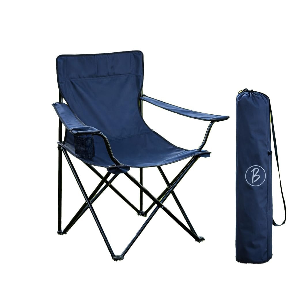BTAG Foldable Camping Chair with Armrest & Cup Holder, Portable Outdoor Chair with Carry Bag for Camping, Picnic, Fishing & Travel – Navy