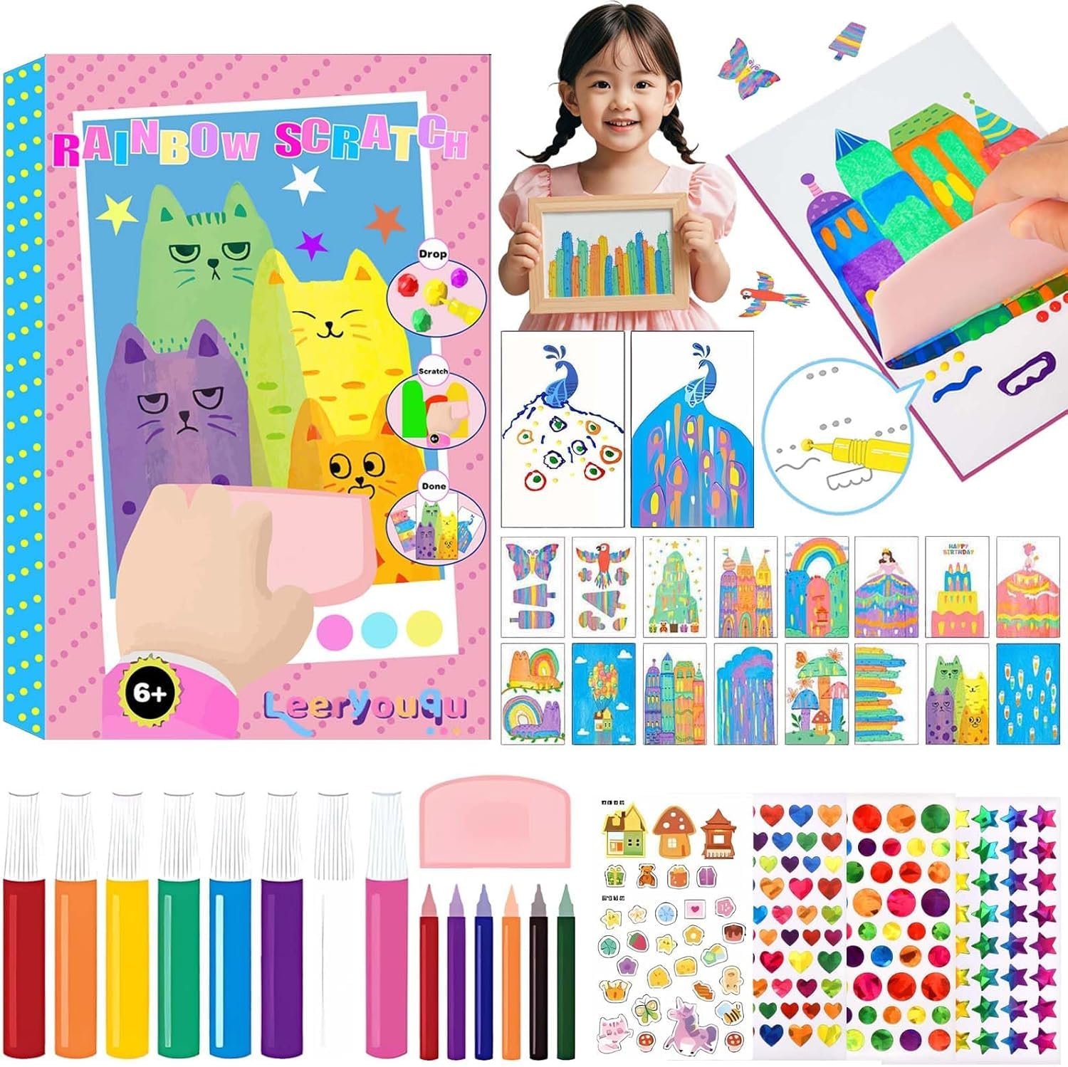 SUPER TOY Rainbow Scratch Art Squeeze Dot Painting Kit for Kids, Rainbow Scratch Magic Paper DIY Postcard Activity Set, Magic Dot Scratch Painting Gifts for Girls and Boys