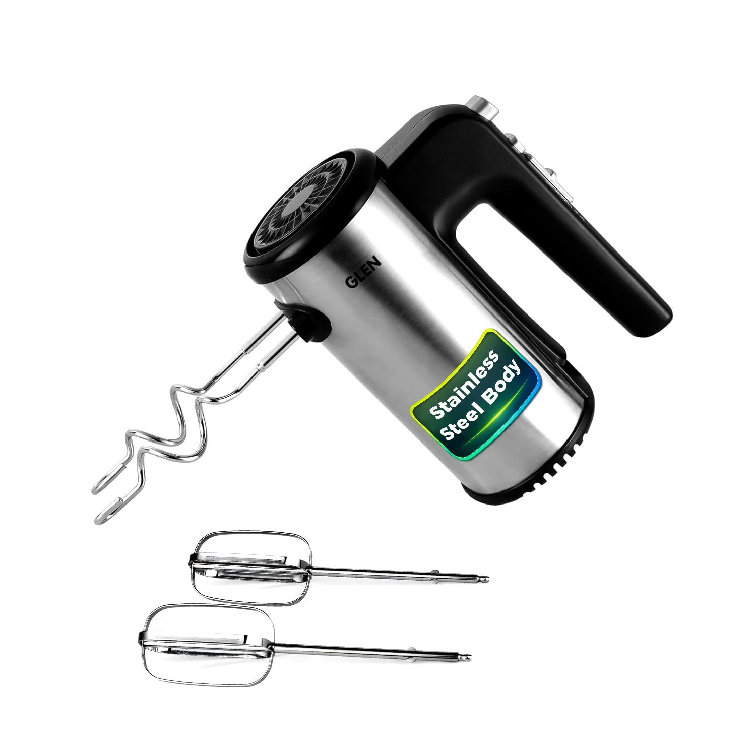Glen Electric Hand Mixer With Detachable Beater & Dough Kneader Hook|For Quick Mixing, Whisking, Whipping Cream, Cake & Eggs|200W|Safety Eject Feature, 5 Speed Setting, Turbo mode - Black/Grey