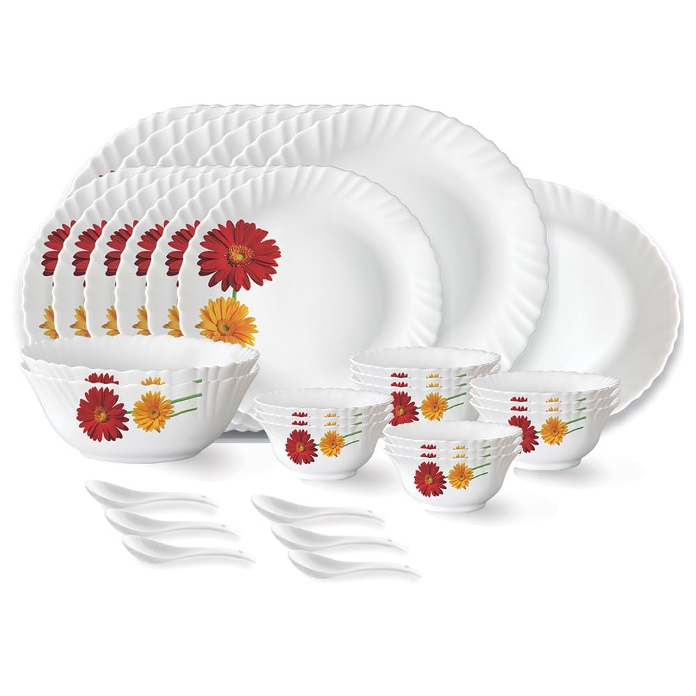 Larah by Borosil Zinnia Fluted Series Opalware Dinner Set | 33 Pieces for Family of 6 | Microwave & Dishwasher Safe | Bone-Ash Free | Crockery Set for Dining & Gifting | Plates & Bowls | W