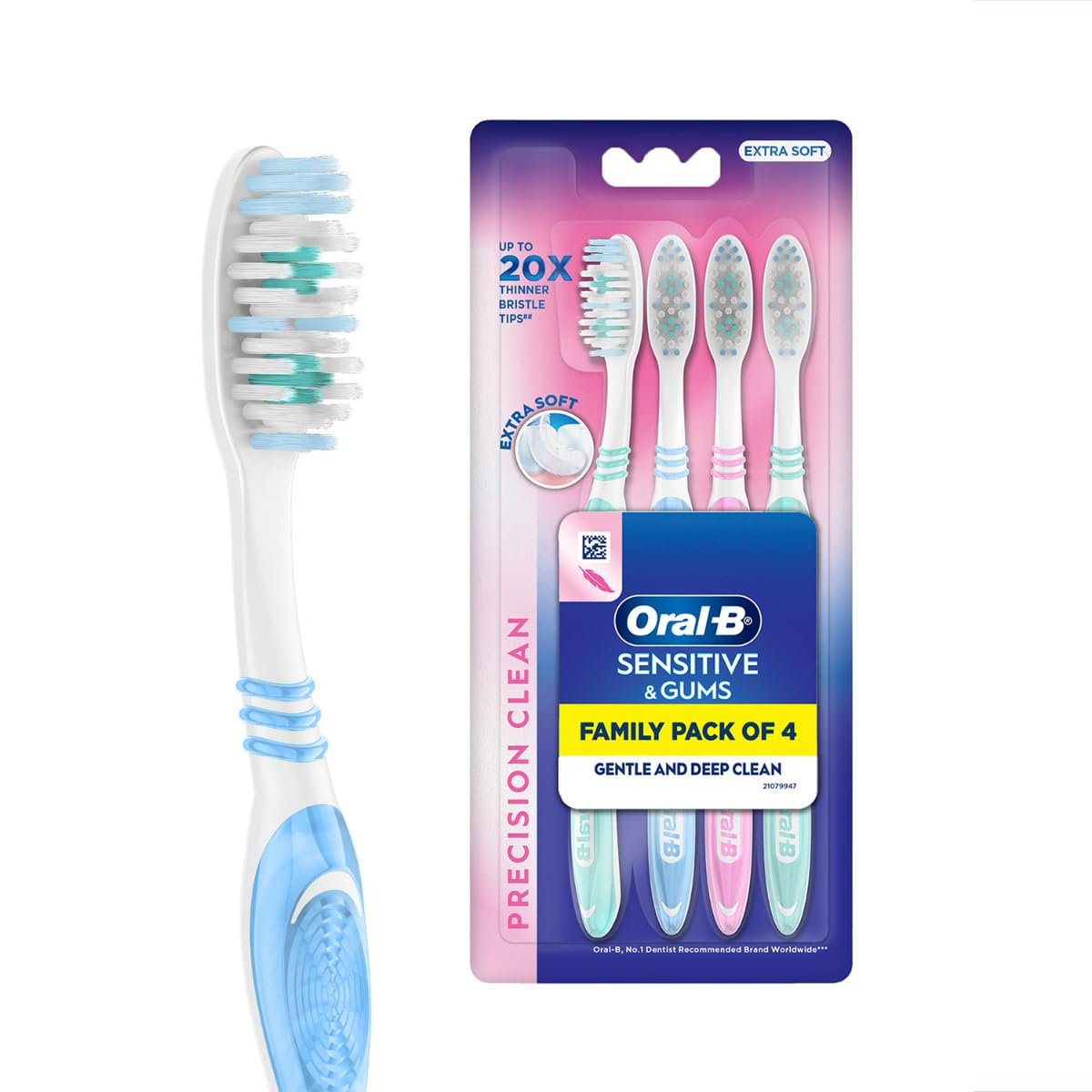 Oral-B Precision Clean Sensitive Soft Manual Toothbrush For Adults, Ultra Soft Bristles For Sensitive Teeth and Gums, Multicolour Tooth Brush Set, Oral B Dentist Recommended Brand (Family Pack of 4)