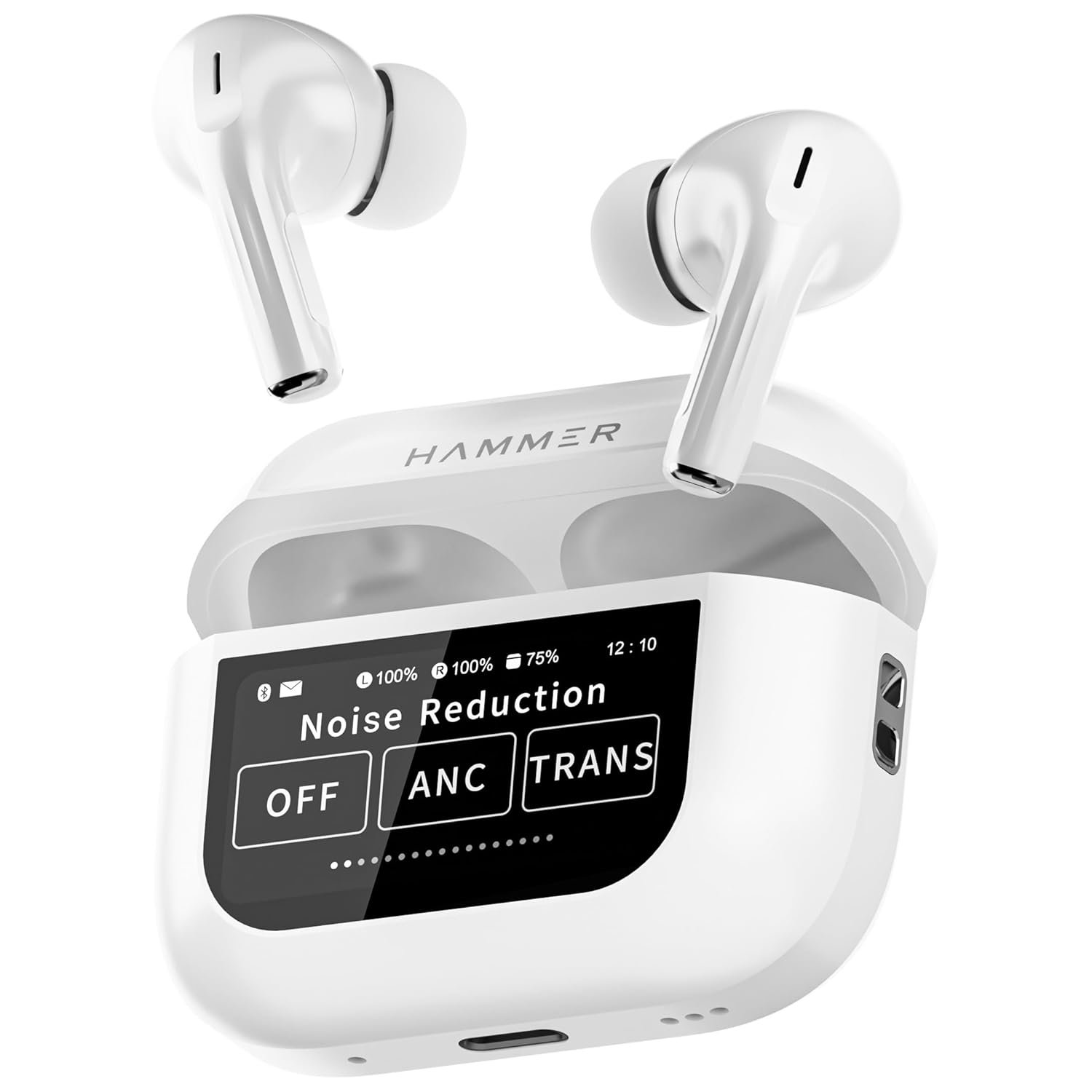 HAMMER Screen TWS Earbuds Wireless with 13mm Drivers, ANC Ear Buds 32dB, up to 50H Playtime TWS Ear Buds, Type-C Fast Charging, BT v5.4, True Wireless Earbuds Bluetooth,Transparency & EQ Mode (Whi
