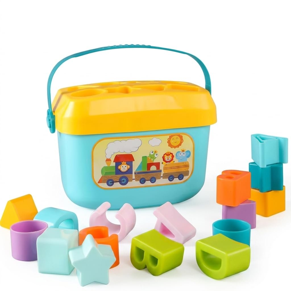 Goyal's Shape Sorter Toy for Toddlers | Shape and Color Learning with ABC & Shapes Blocks | Sorting and Matching Playset with Carry Handle for Easy Storage for Kids (16 Alphabetic Shape Blocks