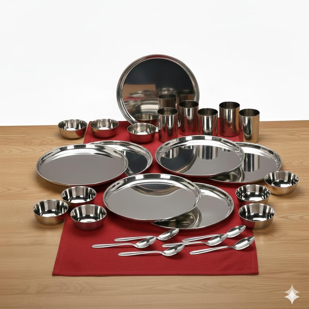 Stainless Steel Solid Heavy Mirror Finish Dinner Set of 24 Pcs (6 Plate, 6 Bowl/Wati, 6 Glass, 6 Spoon), Silver Dinning Set Quality