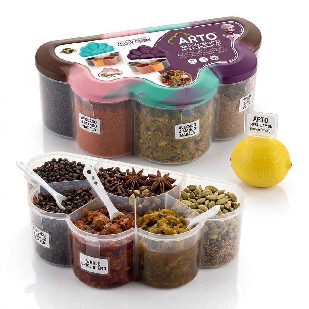 Arto 5 Compartment Pickle Container with Spoon | Airtight Masala Dabba & Chutney Box | 500ml Cloudy Storage Organizer | BPA Free Plastic for Spices, Sauces & Dry Fruits