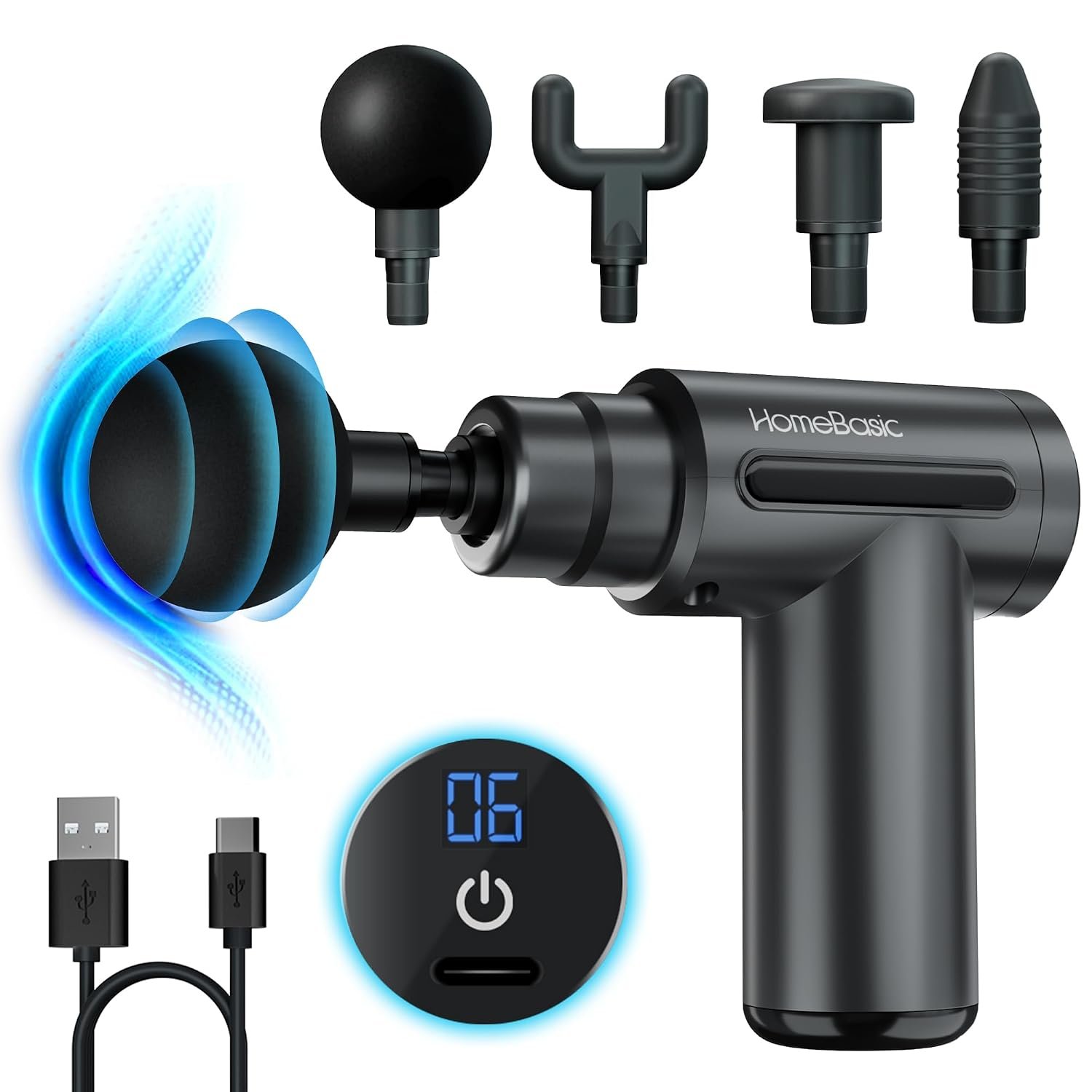 HomeBasic Muscle Mate Massage Gun, Deep Tissue Body Massager Machine with 12mm Amplitude, 6 Speeds (2000-3600 RPM), AI Pressure Sensor, Brushless Motor, USB-C Rechargeable, 4 Massage Heads (GREY)