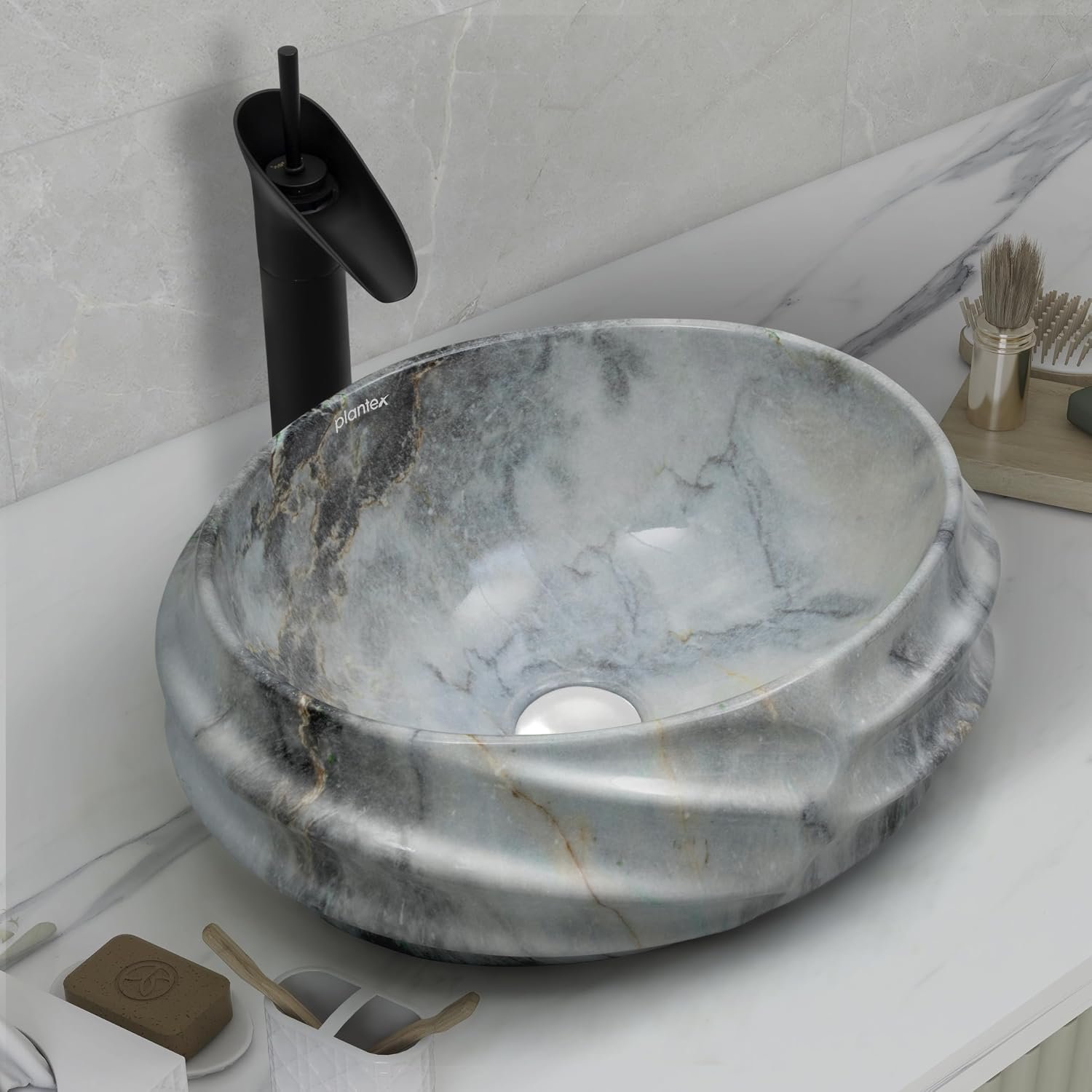 Plantex Ceramic Wash Basin for Bathroom/Table Top Ceramic Basin/Washbasin for Hotel/Restaurant (Marble Finish - 18 x 15 x 7 inch)