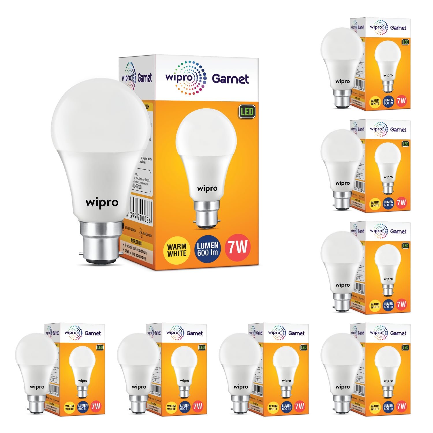 wipro Garnet Base B22D 7-Watt Led Bulb (Pack of 8, Warm White)