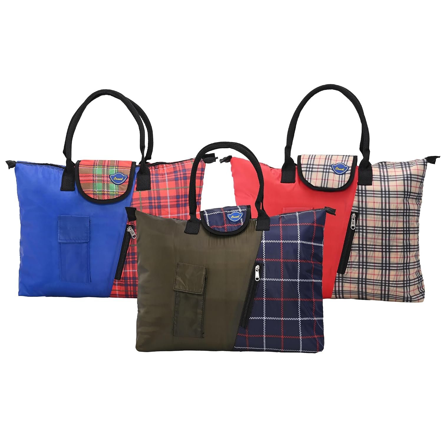 Urbane Home Pack of 3 Foldable Shopping Bags For Women with 3 Small Pockets | Grocery/Vegetable Bags For Market | Blue,Black-Red & Maroon