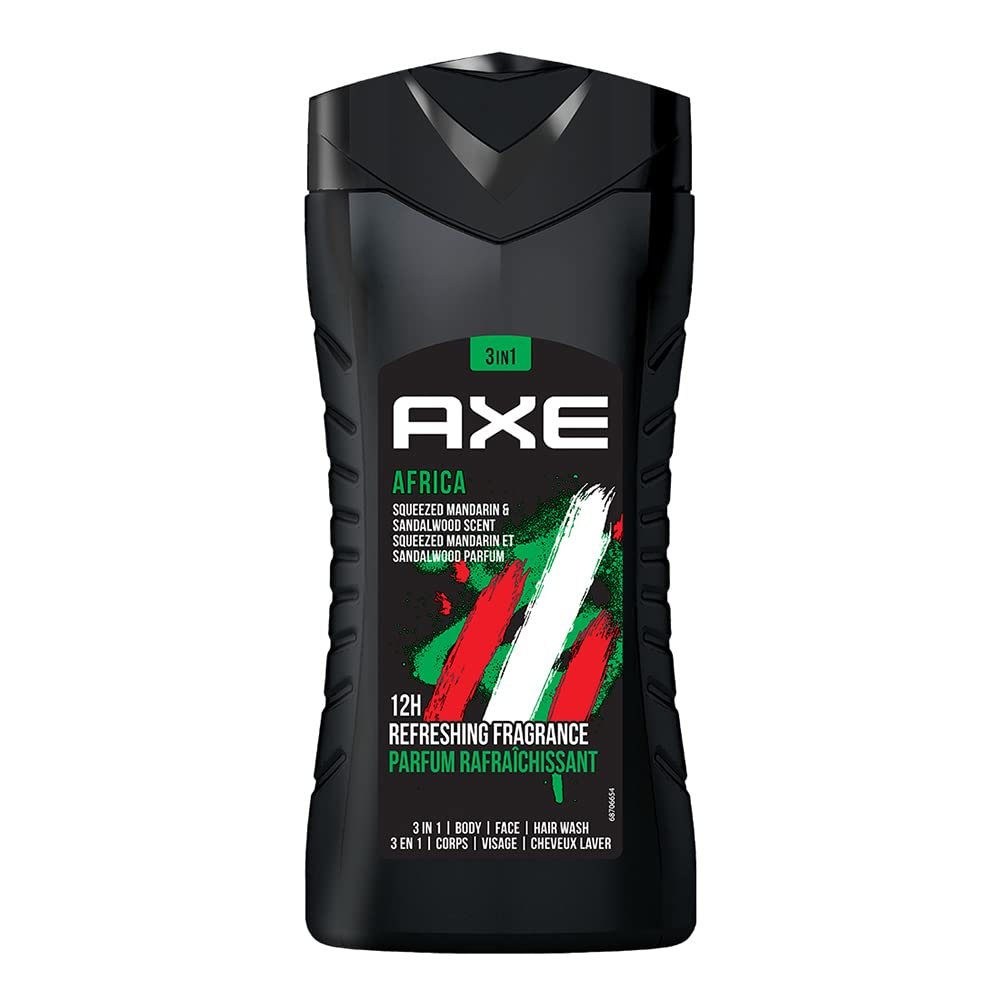 Axe Africa 3 In 1 Body, Face & Hair Wash for Men, Long-Lasting Refreshing Mandarin & Sandalwood Fragrance for Up To 12hrs, Natural Origin Ingredients, Removes Odor & Bacteria, No Parabens,