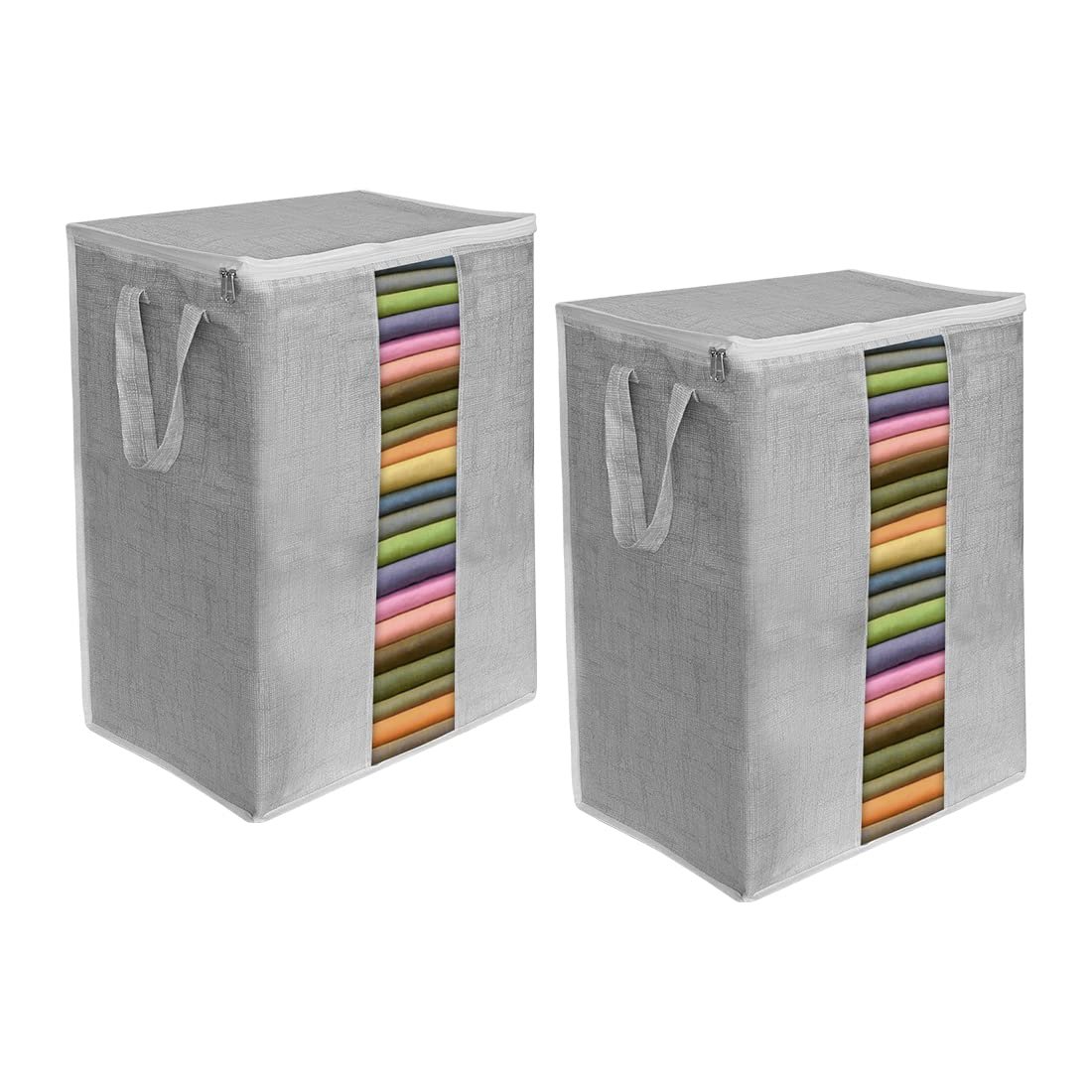 PrettyKrafts Non-Woven Extra Large Saree Cover for Storage/Cloth Organizer for Storage/Saree Bags with Zip/Saree Organizer For Wardrobe/Cloth Storage With Transparent Window, Set of 2, Grey